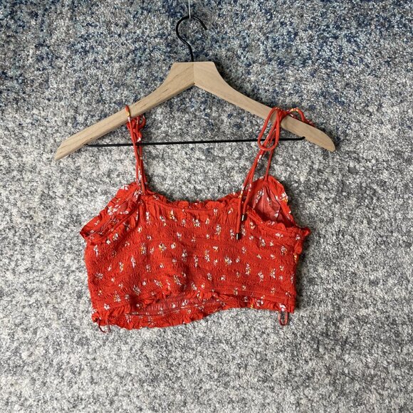 Free People Crop Top Womens XS Red Floral Smocked Tie Strap Boho Festival Summer - Picture 6 of 6